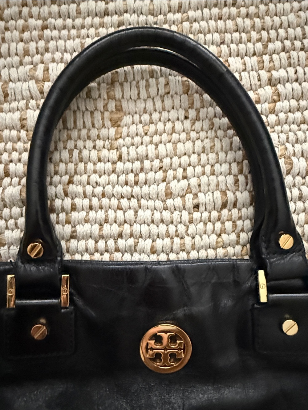 Tory Burch Black Leather Logo Tote with Gold Hardware - Picture 9 of 10
